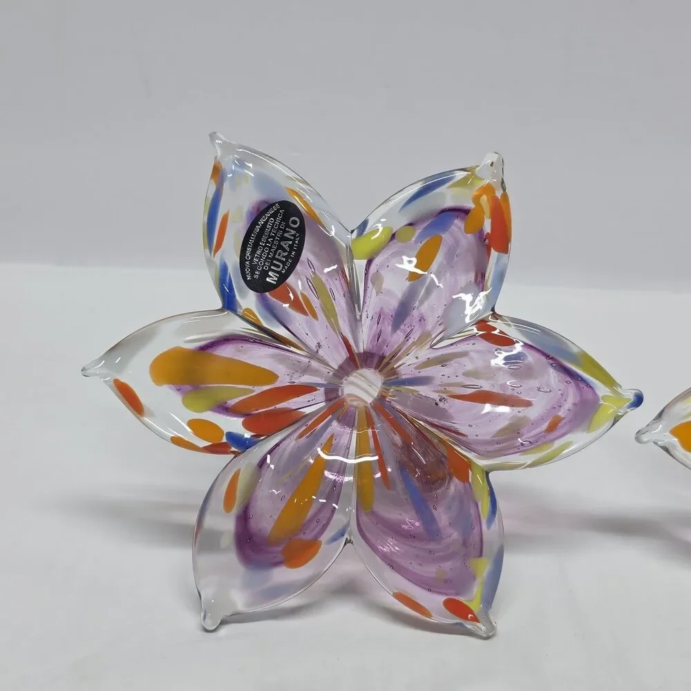 Murano Style Blown Glass Flower Set Of 2 Purple Clear Made in Italy New